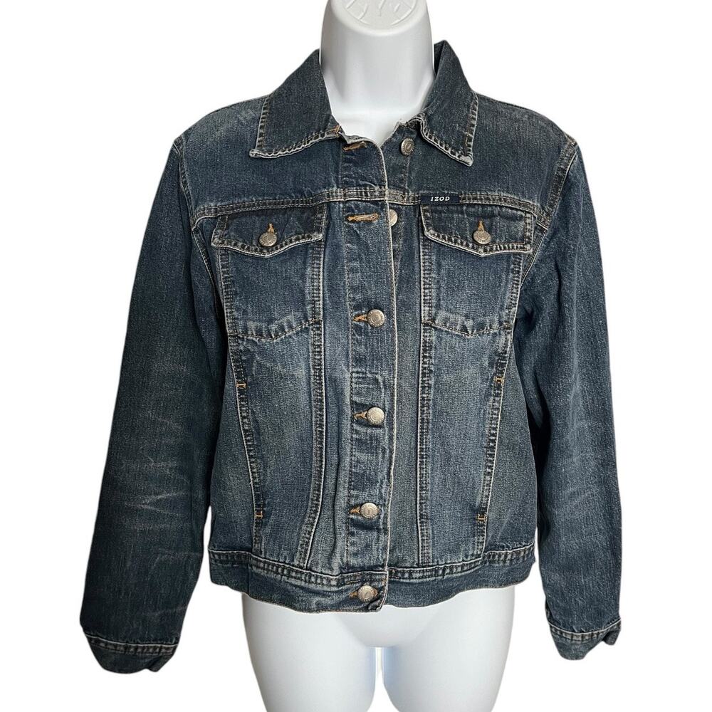 Izod denim blue jean jacket front pockets button up 100% cotton medium